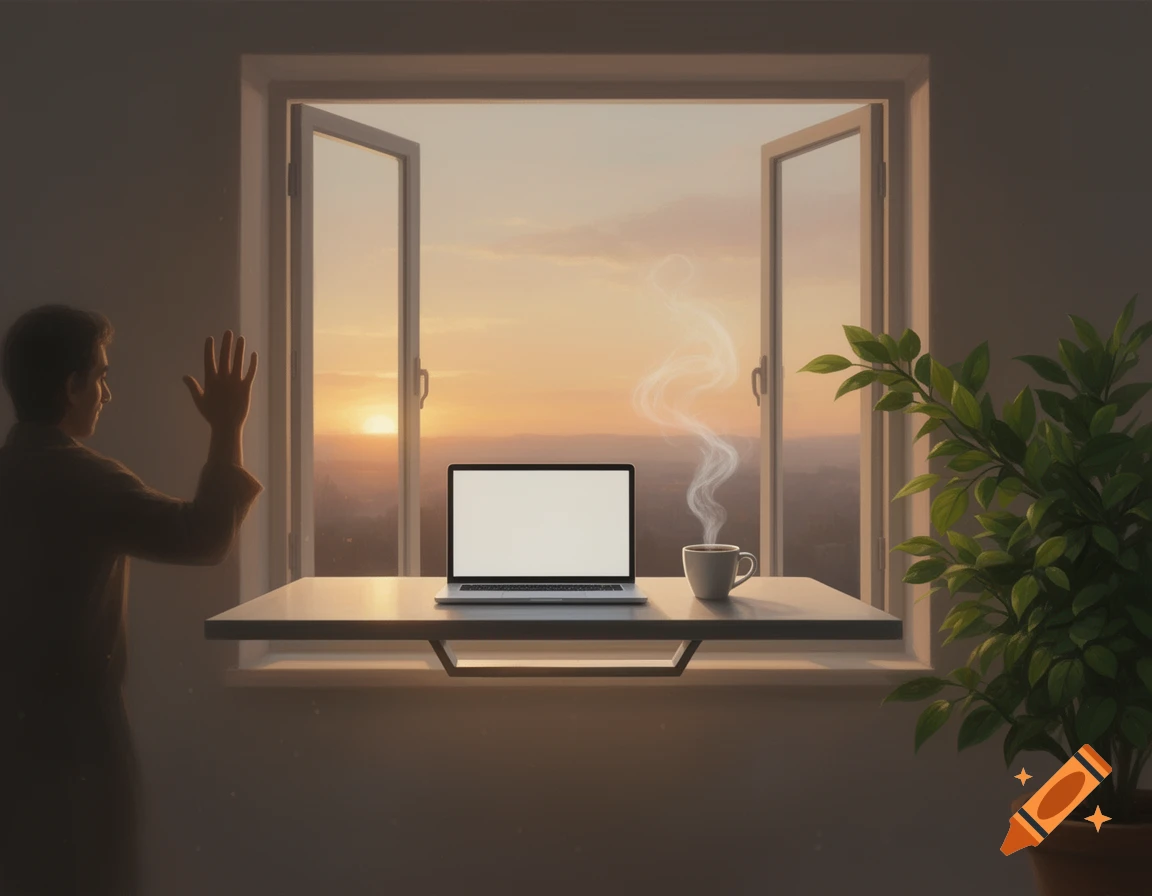 A person waves in a room with a floating desk, laptop, and coffee by an open window looking out at a sunset.