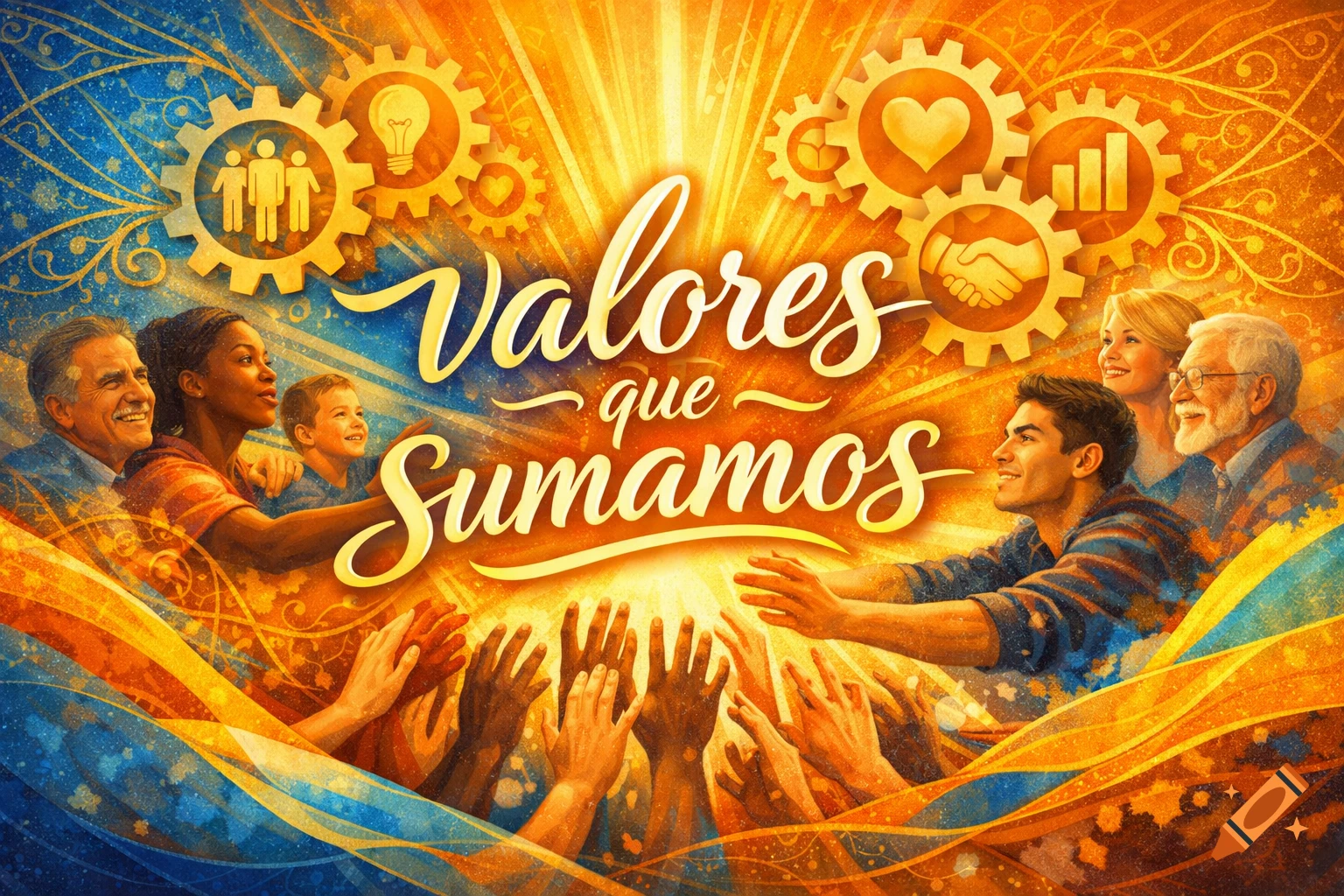 Vibrant illustration of diverse people and hands reaching up, with "Valores que Sumamos" text and symbolic gears in a golden glow.