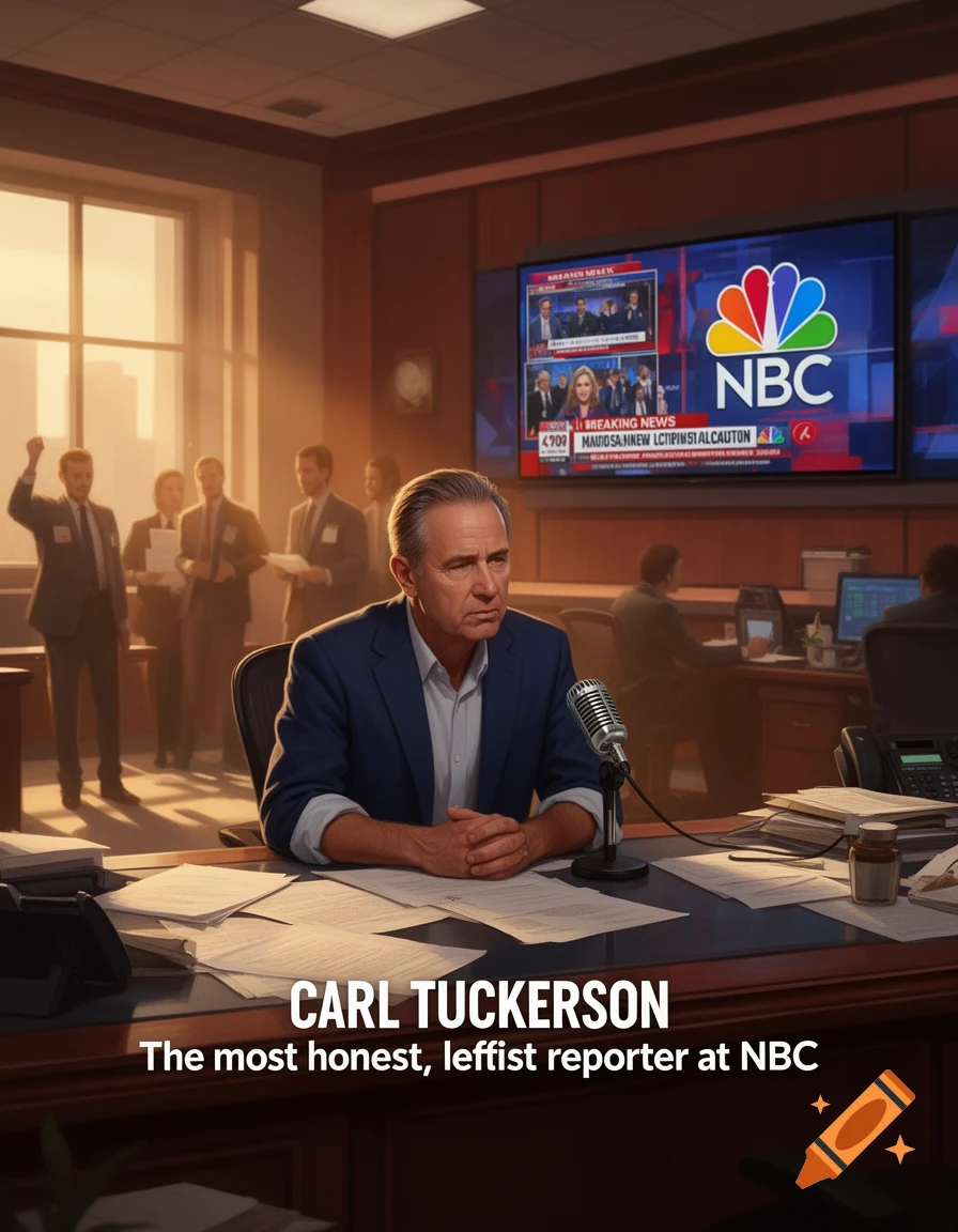 A male reporter named Carl Tuckerson sits at a desk with a microphone, papers, and an NBC news screen behind him in a sunlit office.