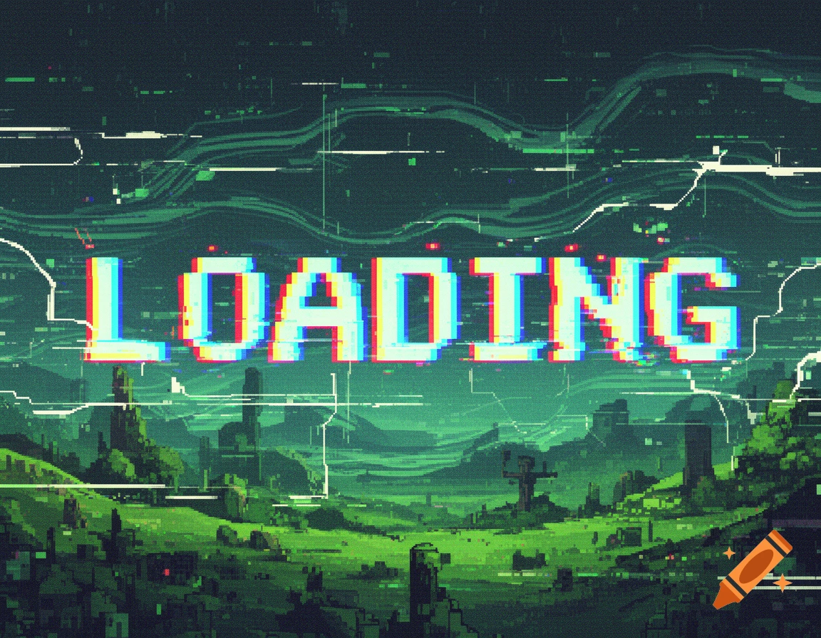Pixelated green landscape with a large, glitchy 'LOADING' text across the center, styled with retro digital artifacts.