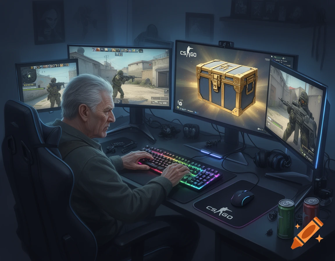 An elderly man with white hair sits at a multi-monitor gaming setup, playing CS:GO on a keyboard with colorful RGB lighting.