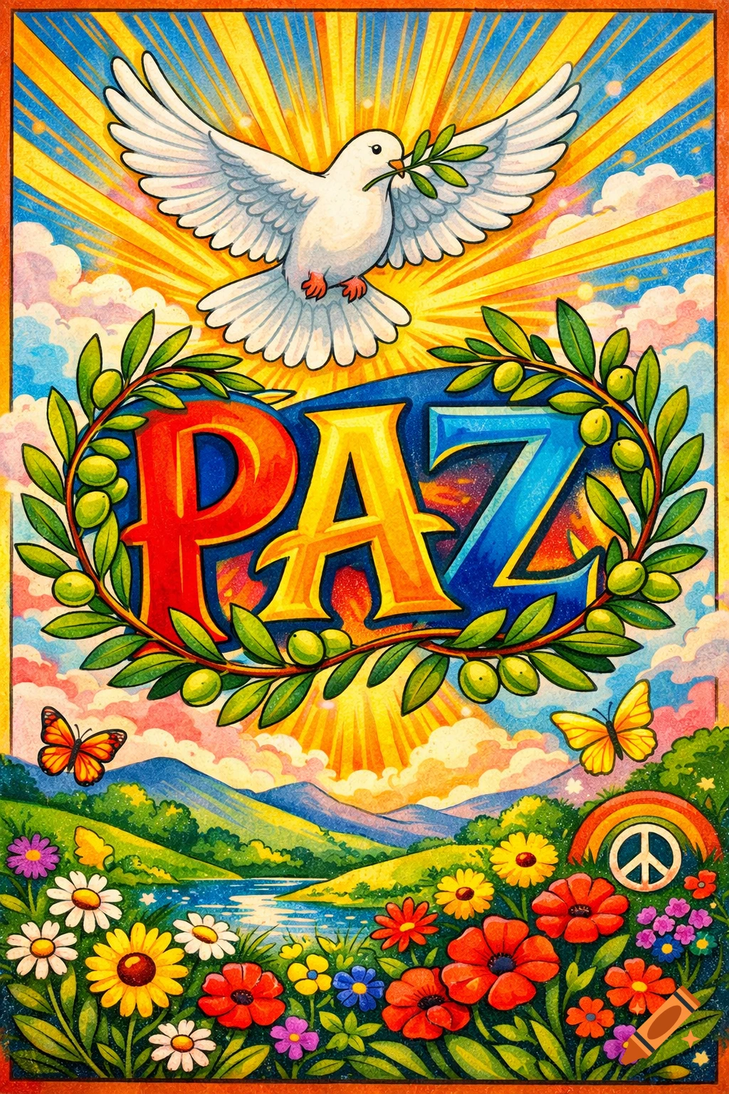 Colorful poster-style illustration of a white peace dove, the word 'PAZ' in an olive wreath, and a vibrant landscape with flowers and a peace sign.