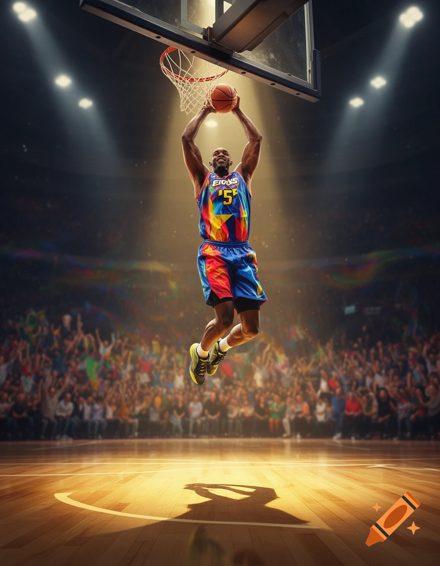 A smiling basketball player in a colorful jersey dunks a basketball in a brightly lit stadium with a cheering crowd.
