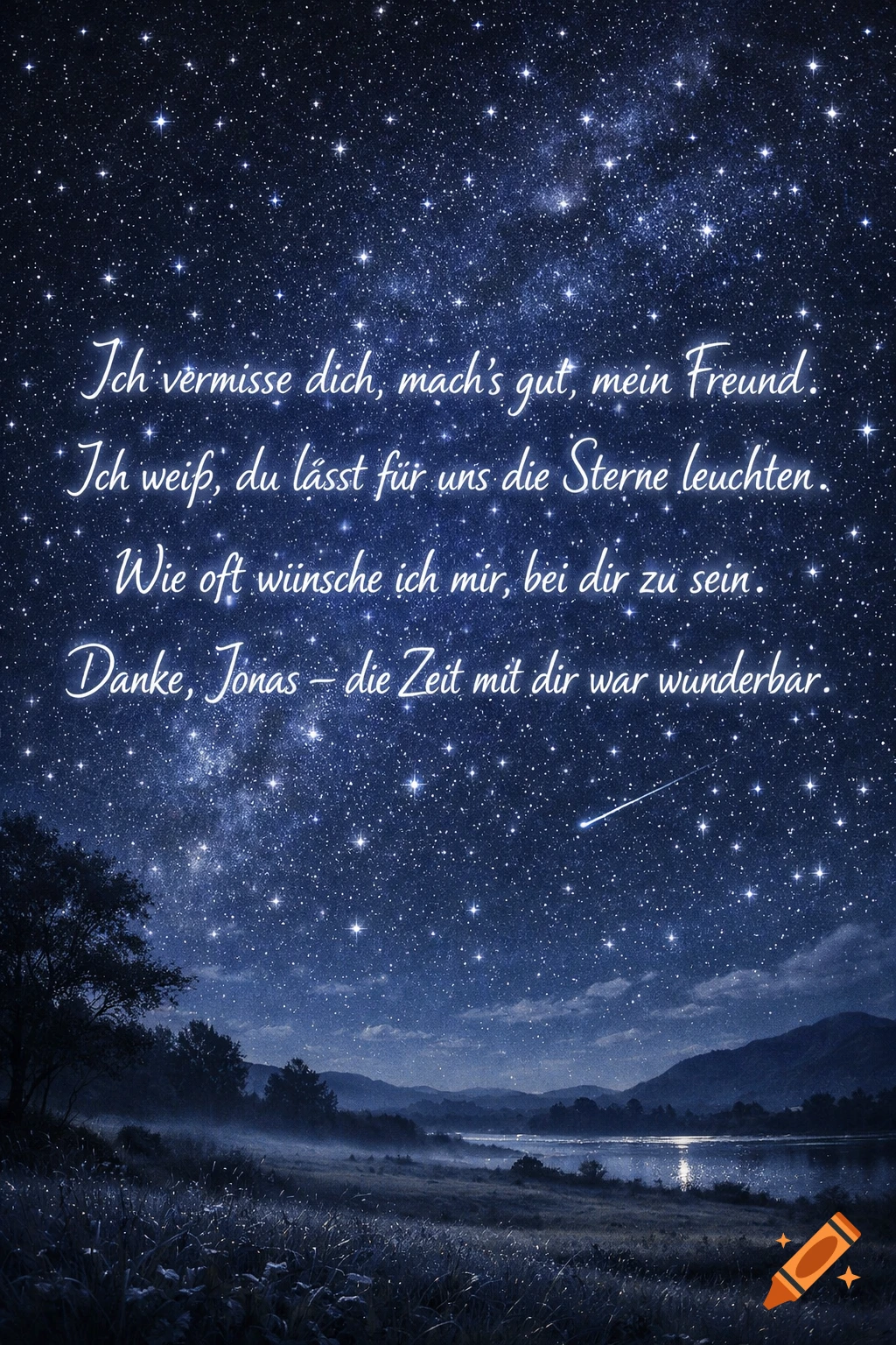 A starry night sky with a shooting star over a misty landscape with a lake and mountains, featuring sentimental German text.