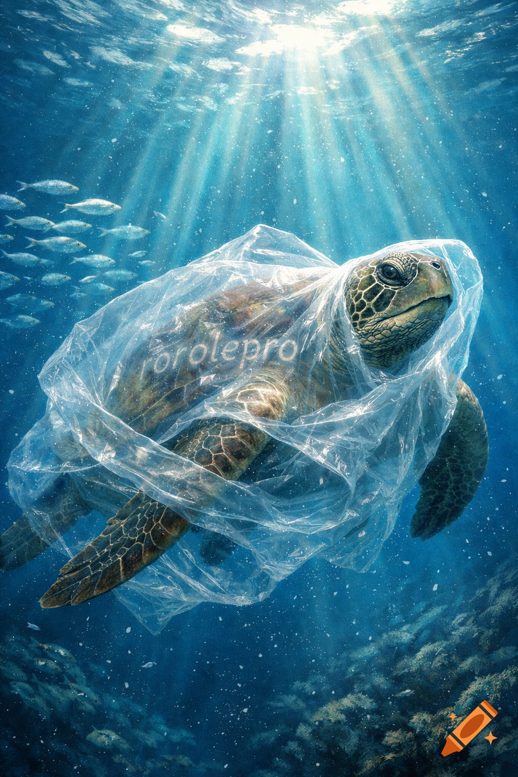 A photorealistic sea turtle trapped in a clear plastic bag, swimming underwater with light rays and fish.