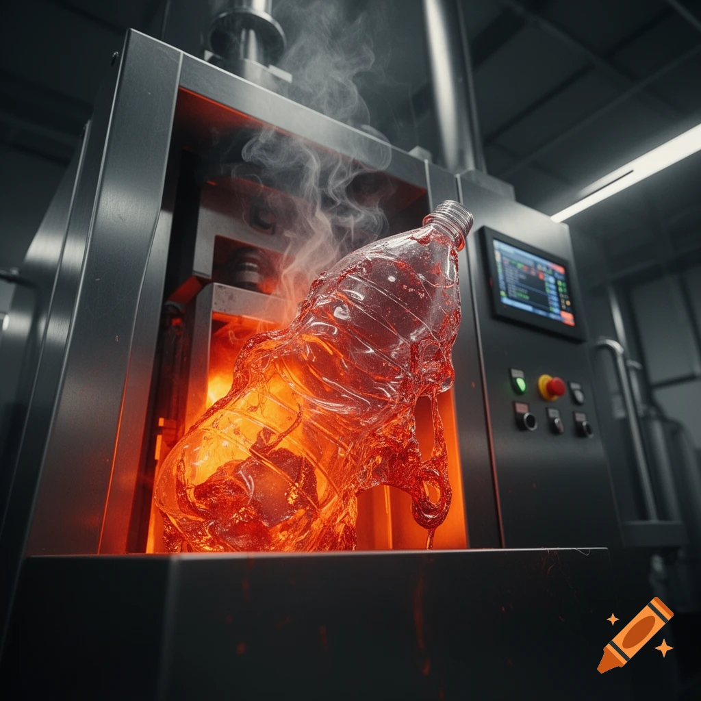 A plastic bottle melting with molten red plastic dripping in a heavy industrial machine, generating steam. Photorealistic.