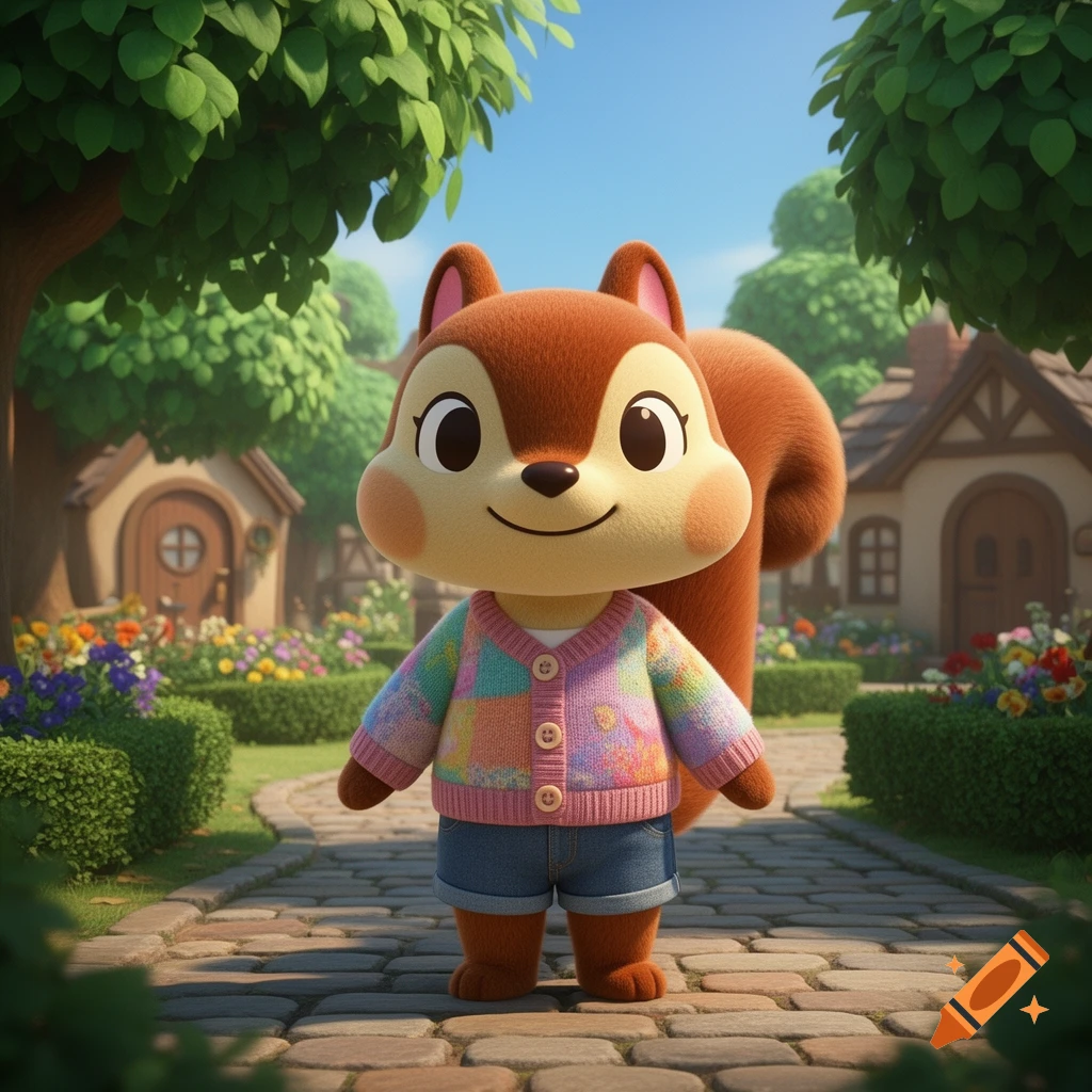 A cute Animal Crossing-style squirrel villager stands on a cobblestone path in a charming village, wearing a patchwork cardigan and denim shorts.