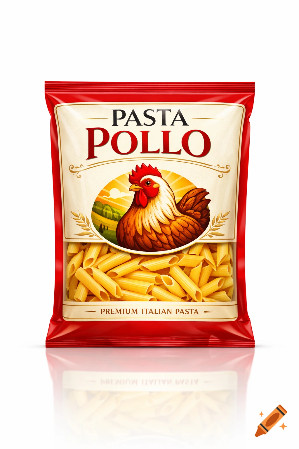 Red and white package of penne pasta labeled 'PASTA POLLO' with a chicken logo, on a reflective white background.