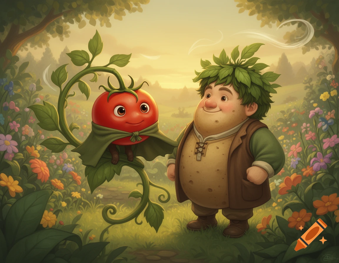 A whimsical illustration of a smiling tomato character in a cloak on a vine next to a stout, smiling man with leafy hair, in a lush, flowery garden.