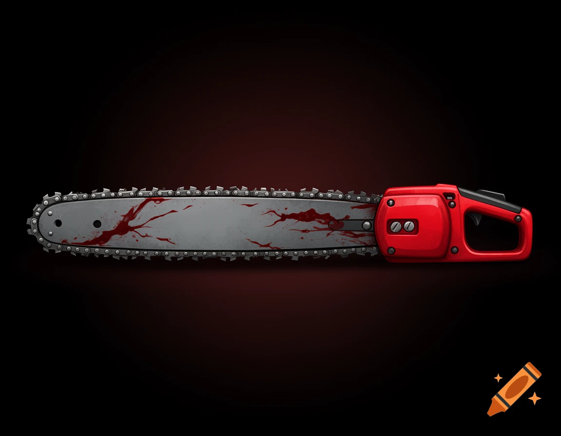 2D illustration of a chainsaw with a red handle and grey blade splattered with blood on a dark background.