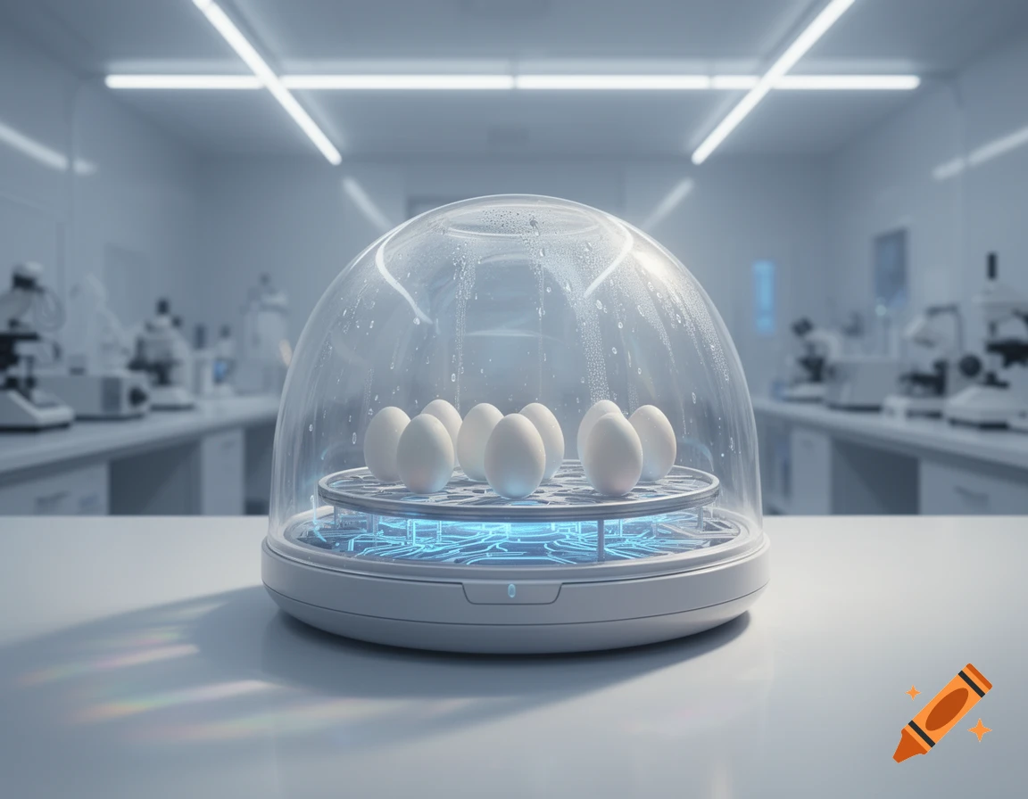 A clear dome incubator with white eggs inside, on a glowing blue circuit base in a sterile laboratory setting.