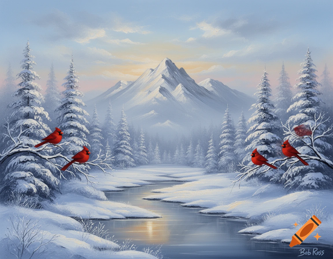 A serene winter landscape painting with snowy pine trees, a winding ...