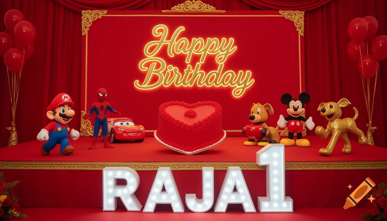 Red-themed birthday stage with 'Happy Birthday' sign, heart-shaped cake, Mario, Spider-Man, Lightning McQueen, Mickey Mouse, golden dogs, and 'RAJA 1' in LED letters.
