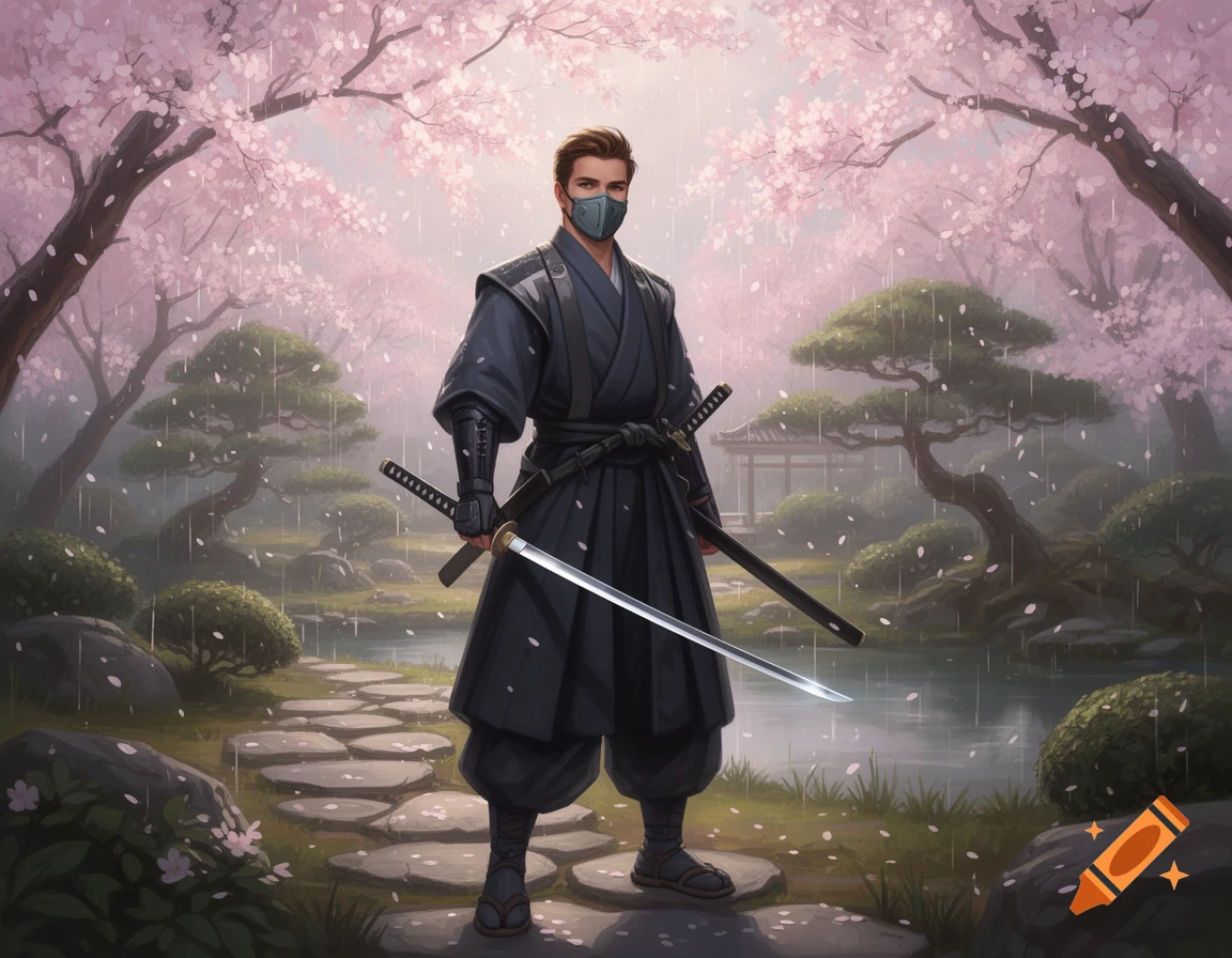 A young man in a black samurai outfit with a grey mask and two katanas stands in a rainy Japanese garden with pink cherry blossoms and a stone path.