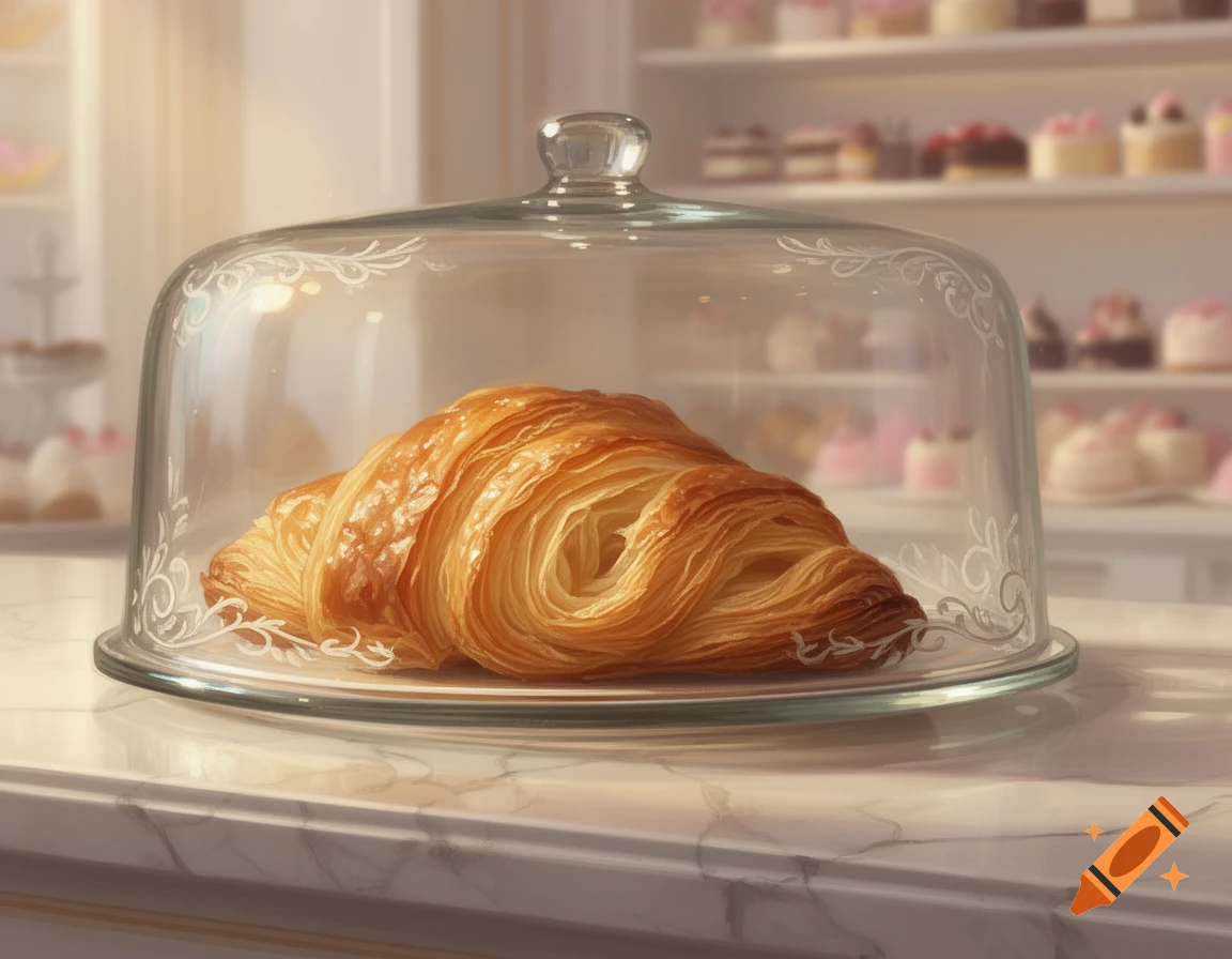 A golden, flaky croissant sits inside a decorative glass display case on a marble counter in a brightly lit bakery.