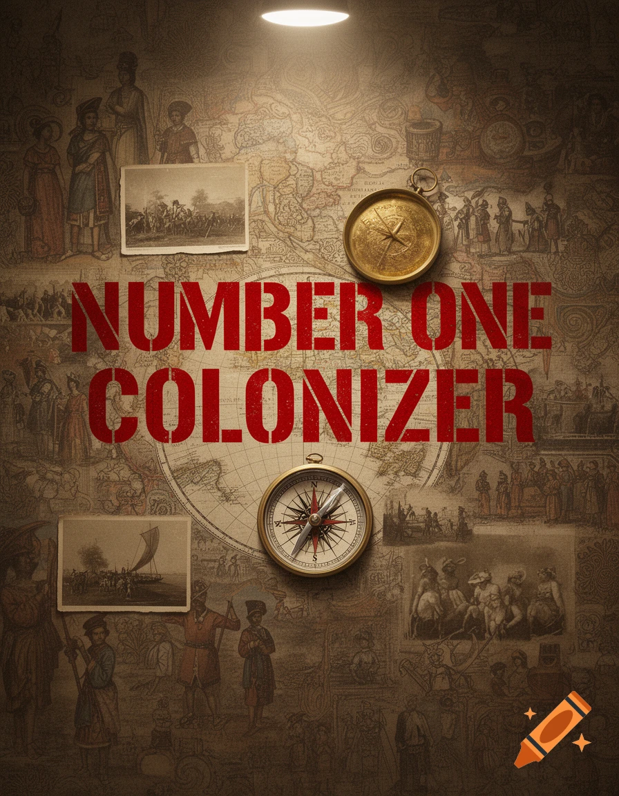 A textured, old map with historical illustrations, two brass compasses, and faded photos, overlaid with large red text 'NUMBER ONE COLONIZER'.
