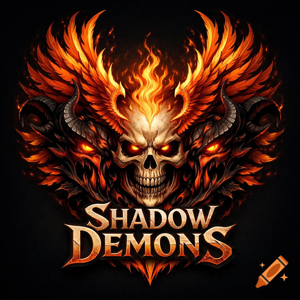 A stylized logo featuring a flaming skull with glowing red eyes, demon horns, and fiery phoenix wings, with the text "SHADOW DEMONS" below.
