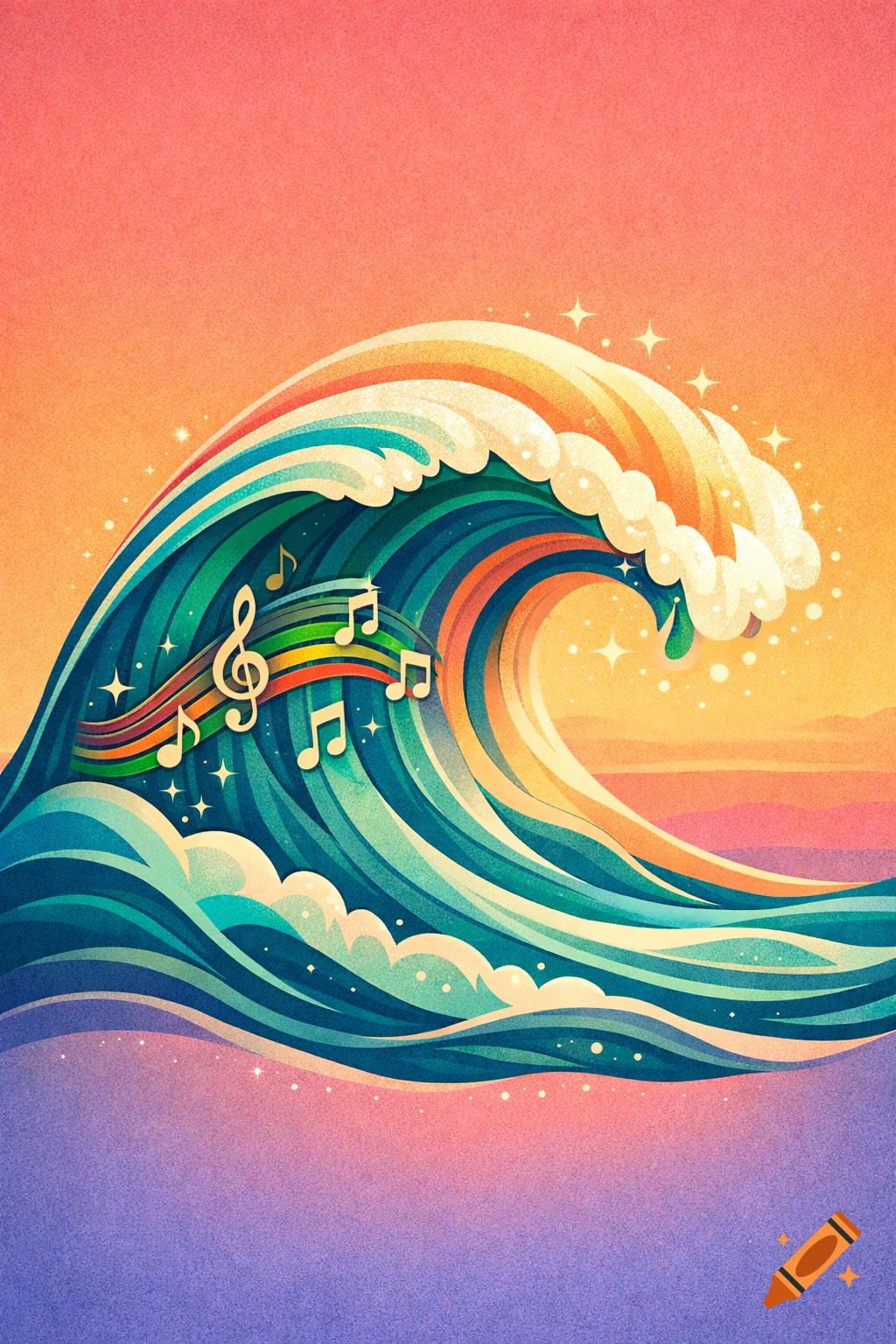 Vibrant illustrated ocean wave with musical notes and a treble clef, set against a colorful sunset gradient.