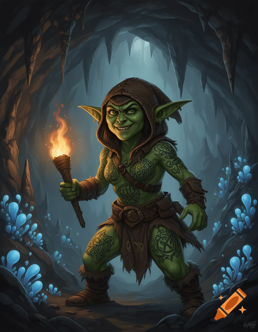 A grinning green-skinned female goblin with intricate tattoos, wearing a hooded tunic, holding a torch in a dark cave with glowing blue plants.
