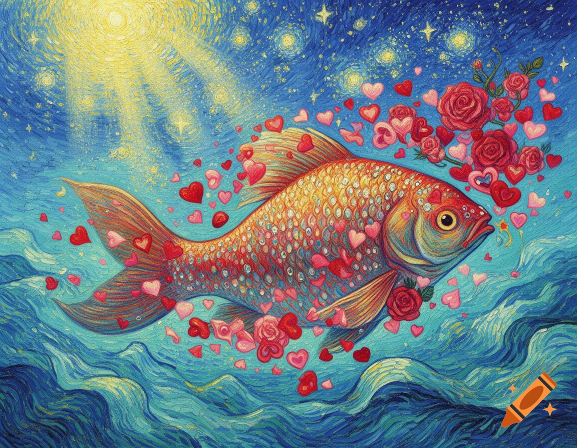 A vibrant Van Gogh style painting of a gold and red fish swimming in wavy blue water under a starry sky, adorned with hearts and roses.