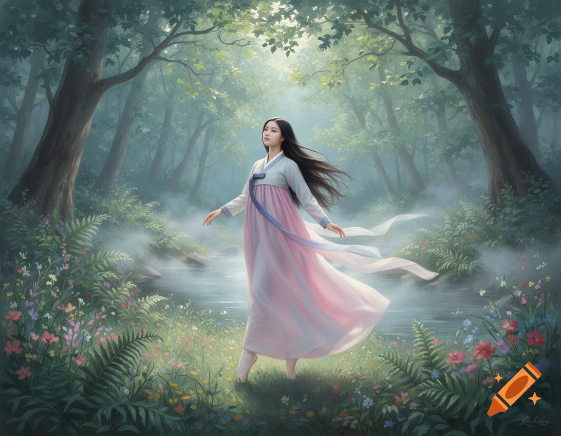 A young woman in a flowing pink and white Hanbok dress gracefully stands in a mystical, sunlit forest with a stream and wildflowers.