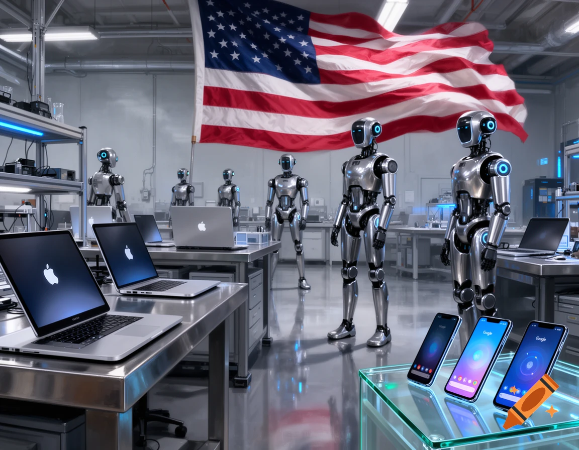 Photorealistic image of metallic robots, Apple laptops, and Google phones in a modern lab with a large American flag.