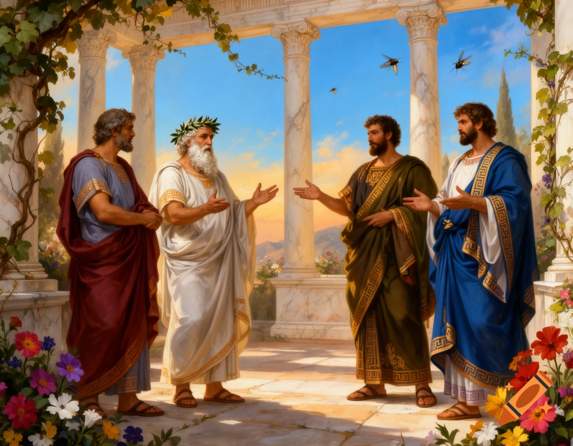 Four ancient Greek men in colorful robes converse under a white colonnade adorned with vines and flowers, against a sunny blue sky.