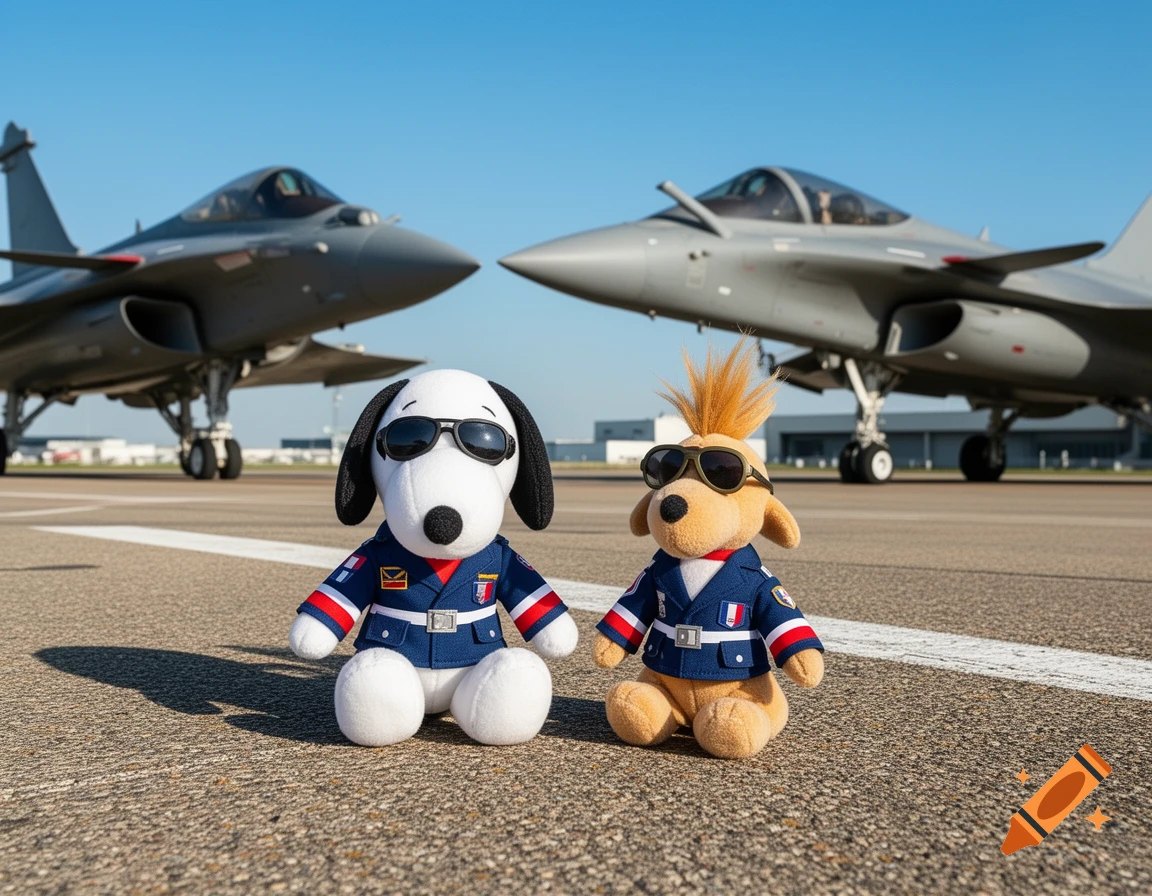 Snoopy and a brown dog plush toy, dressed as pilots with sunglasses, sit on an airport tarmac with two fighter jets.