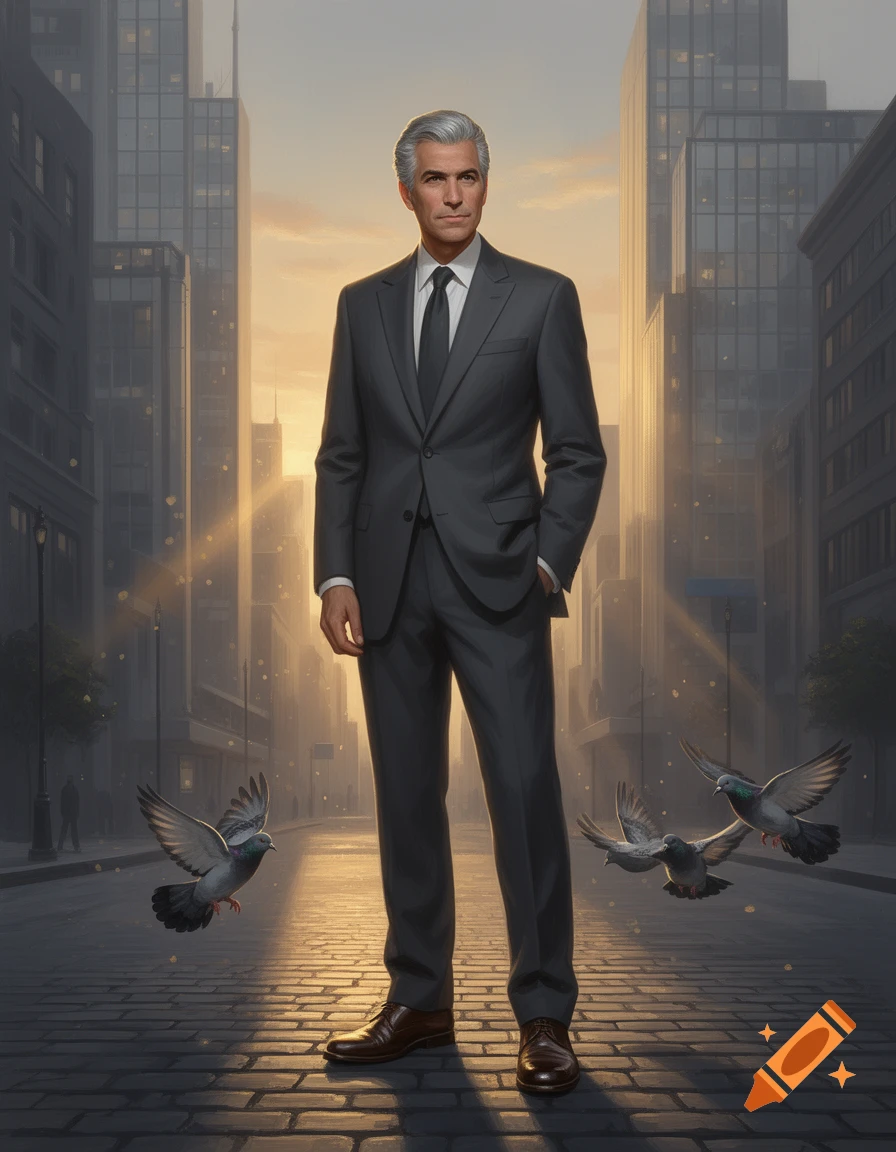 A distinguished man in a dark suit stands on a cobbled city street at sunrise, with pigeons flying around him and skyscrapers in the background.