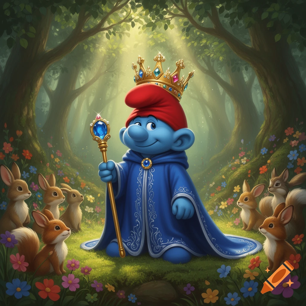 Papa Smurf, wearing a crown and blue king's robe, holds a scepter in an enchanted forest surrounded by small animals and flowers.