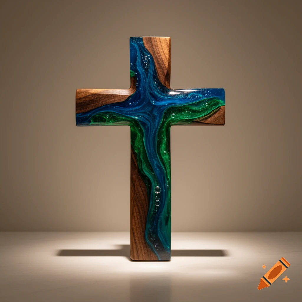 A decorative wooden cross featuring a vibrant blue and green swirled epoxy resin inlay with small bubbles, set against a warm-toned background.