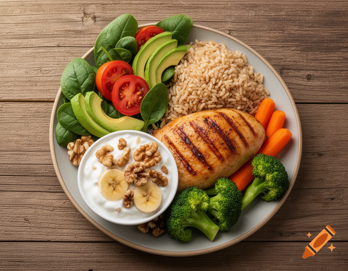 Grilled chicken breast with brown rice, broccoli, carrots, spinach salad, avocado, tomato, and yogurt with banana and walnuts, on a wooden table.
