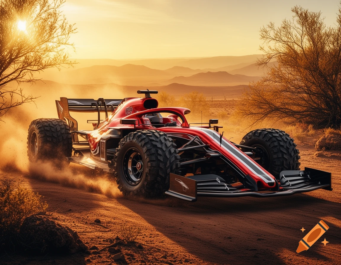 A red and black Formula 1 car with large off-road tires kicks up dust on a dirt road in a sunny desert landscape with mountains.