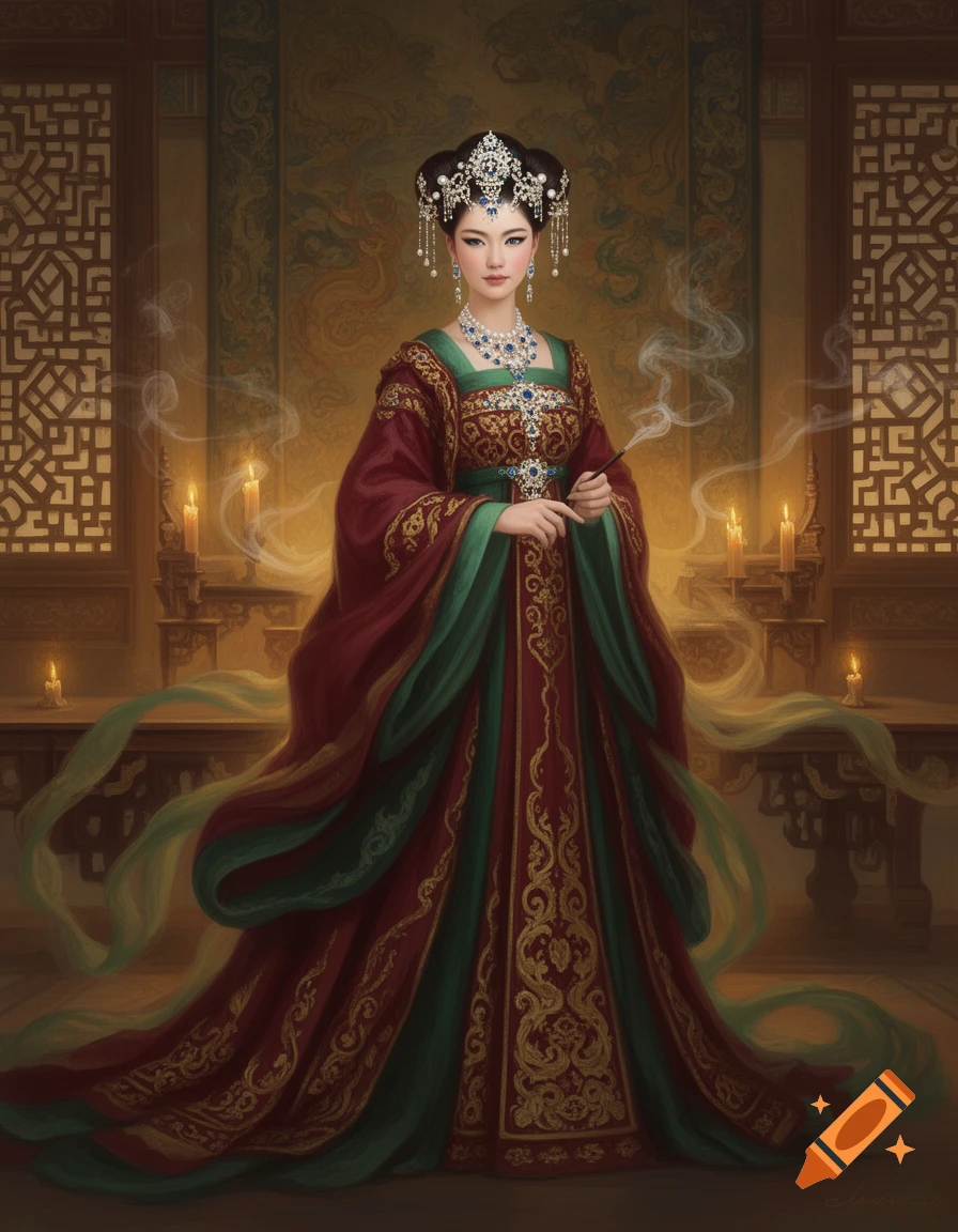 A graceful Asian woman in a luxurious red and green gown, elaborate headdress, and jewelry stands in an opulent, candle-lit room.