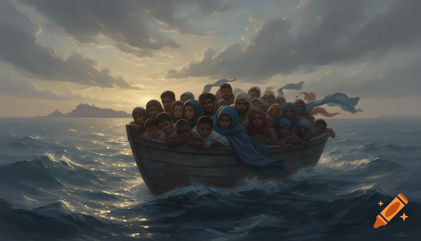A painting of many people, including children, crowded onto a small boat on rough seas under a cloudy sky, heading towards a distant land.