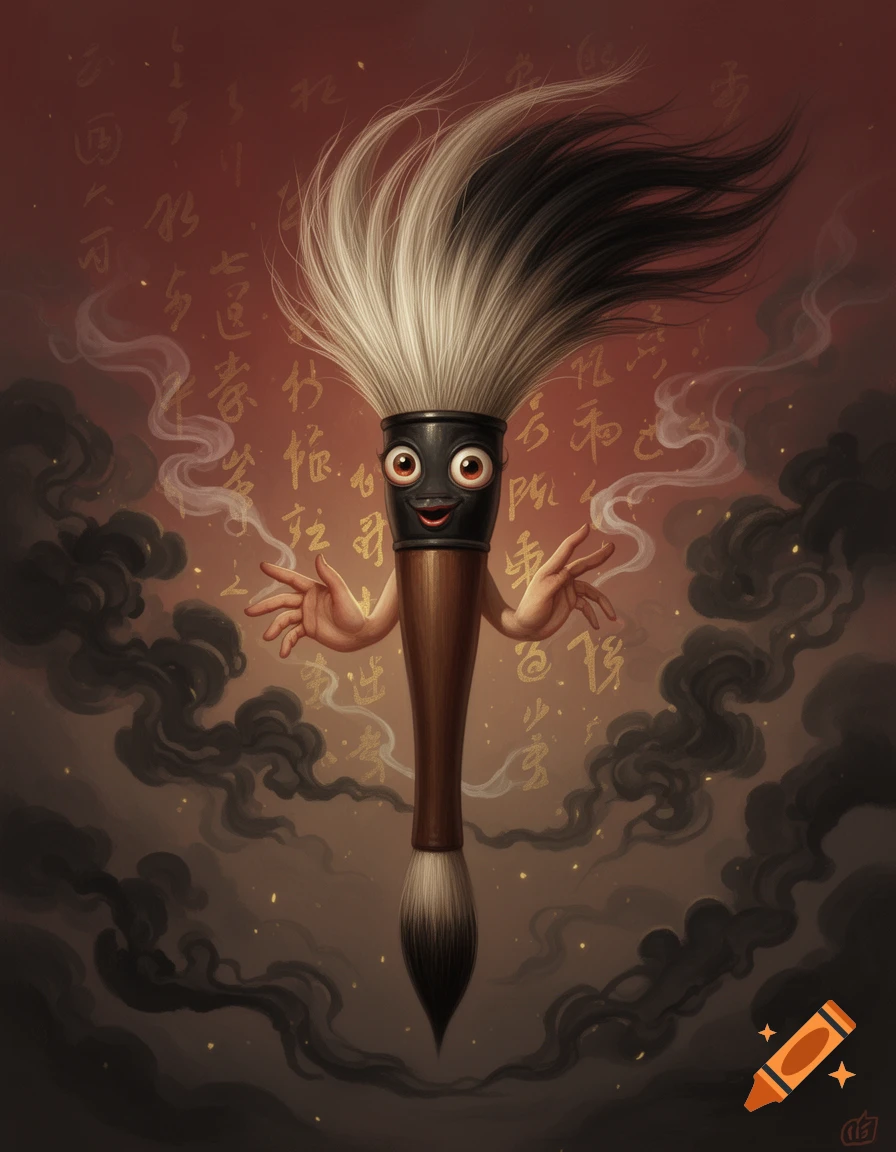 A whimsical, anthropomorphic Chinese calligraphy brush with eyes, a mouth, and hands, surrounded by golden calligraphy and dark smoke against a red background, in a stylized illustration.