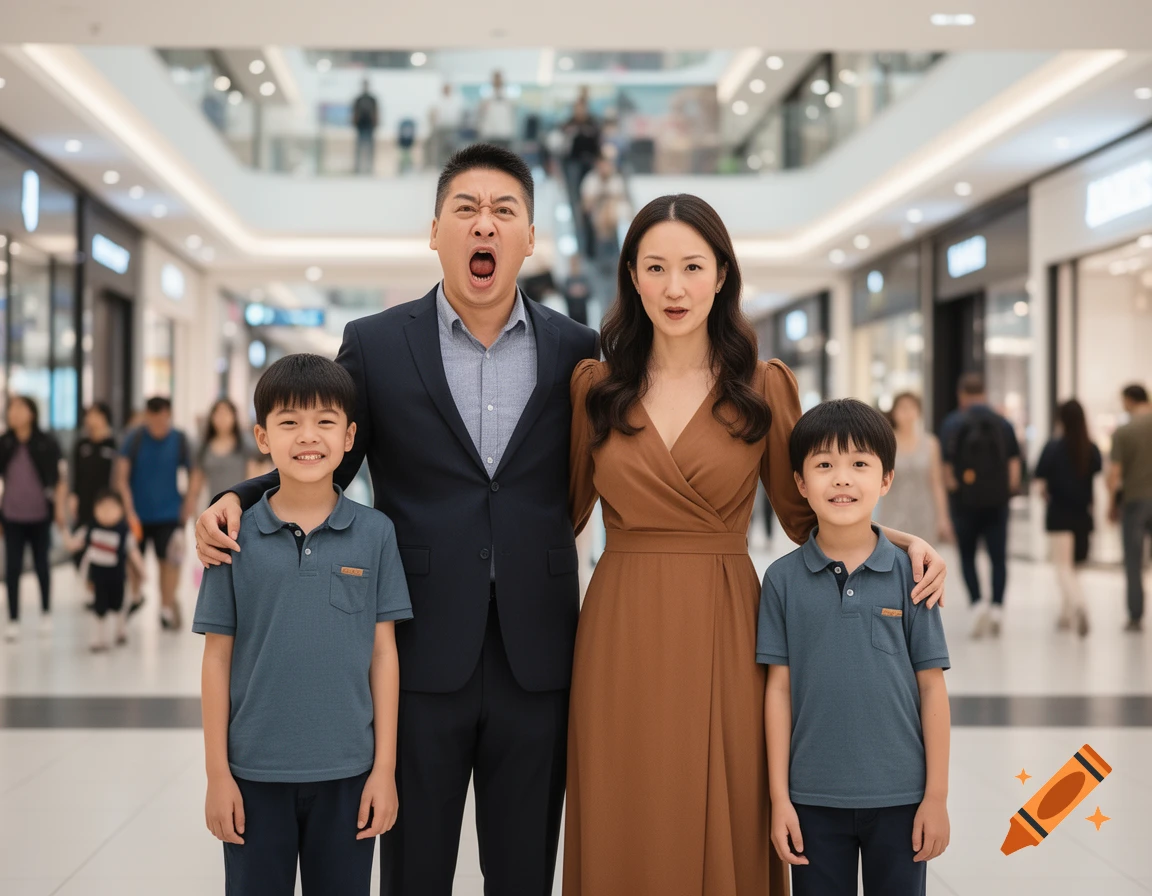 A family of four, including two parents with exaggerated expressions and two smiling children, pose in a brightly lit shopping mall.