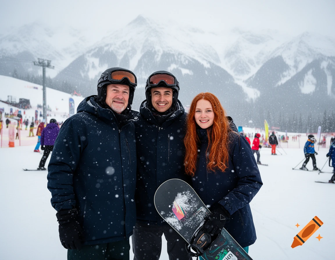 Three smiling people, two men and a red-haired woman with a snowboard, pose on a snowy ski slope with mountains in the background while it snows.