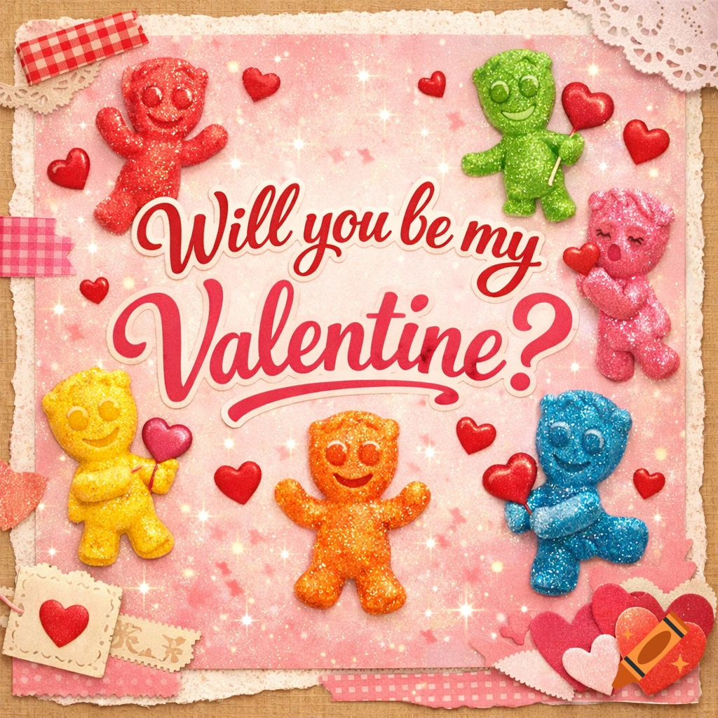 A vibrant Valentine's Day scrapbook page featuring glittery Sour Patch Kids candies surrounding the text "Will you be my Valentine?" amidst red hearts and paper lace.