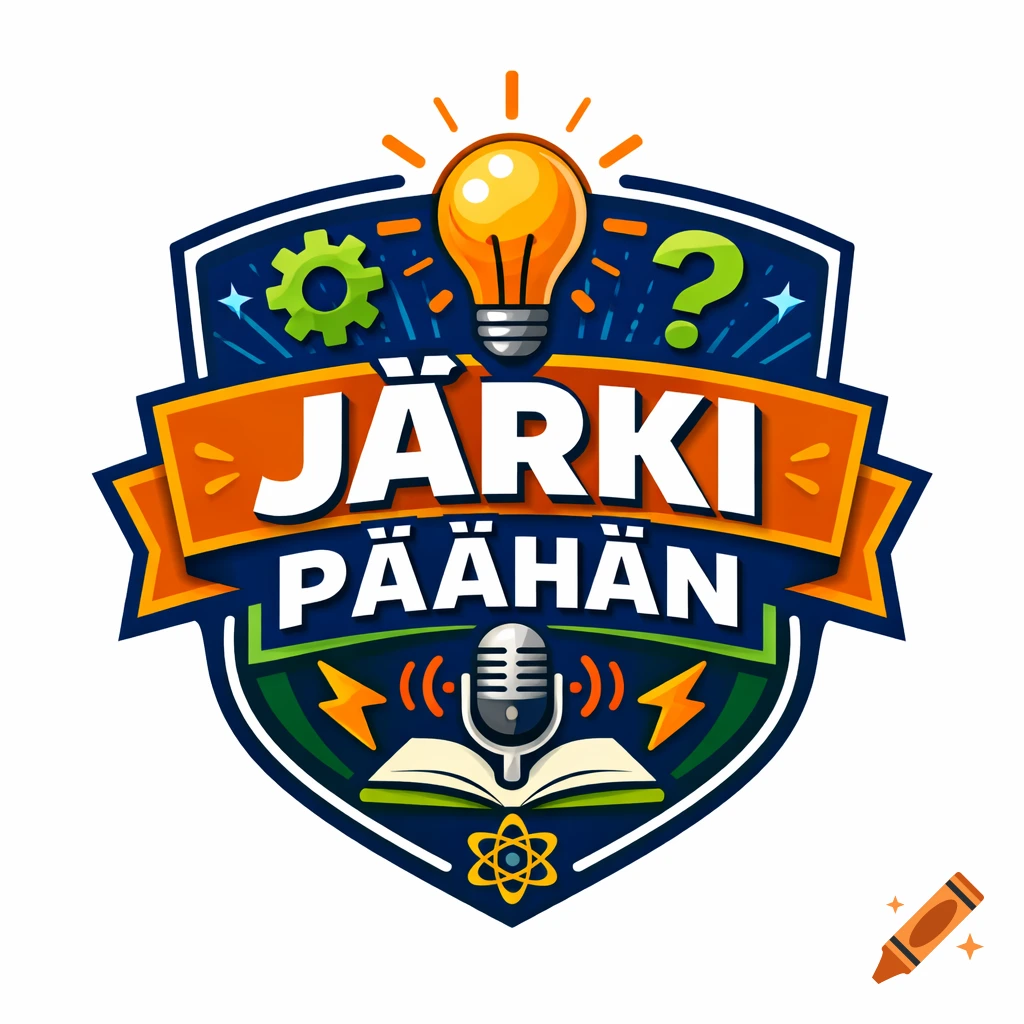 A colorful logo with a lightbulb, gear, question mark, microphone, book, and atom symbol, featuring the text "JÄRKI PÄÄHÄN" on an orange banner.