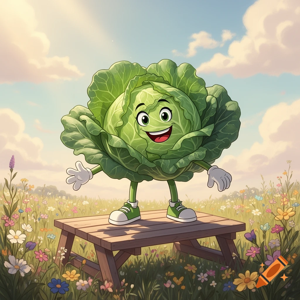 Smiling cartoon cabbage with arms, legs, and sneakers stands on a picnic table in a field of wildflowers under a cloudy sky.