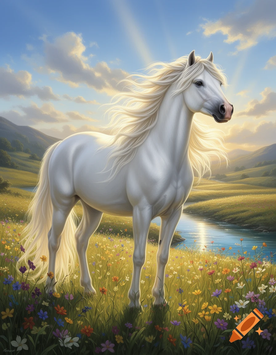 A majestic white horse with a long, flowing mane stands in a vibrant ...
