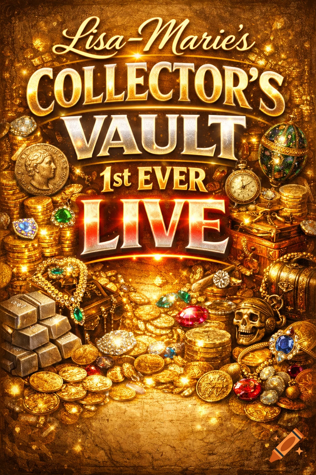 A sparkling poster for Lisa-Marie's Collector's Vault 1st Ever Live, featuring piles of gold coins, bars, jewels, and collectibles.