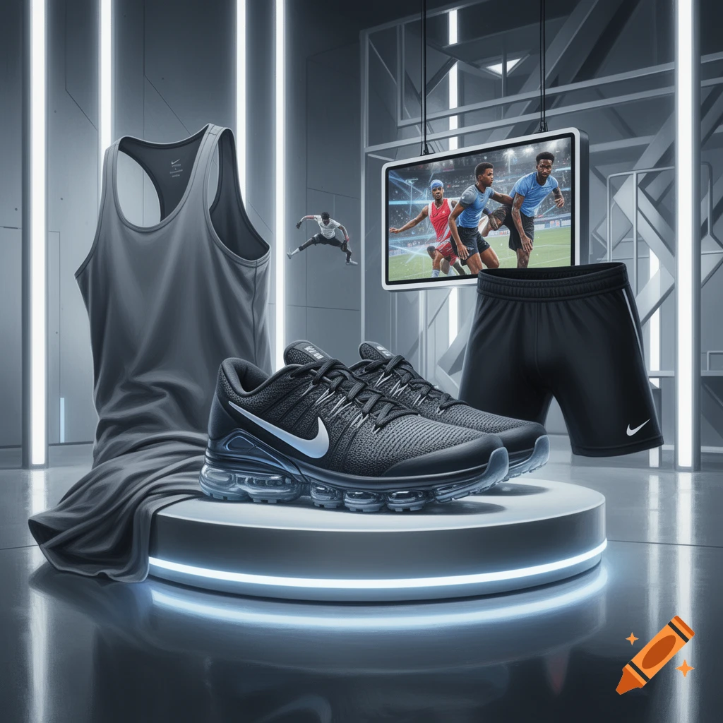 Nike athletic shoes and apparel on a glowing pedestal in a futuristic room, with a screen displaying runners and a jumping figure.