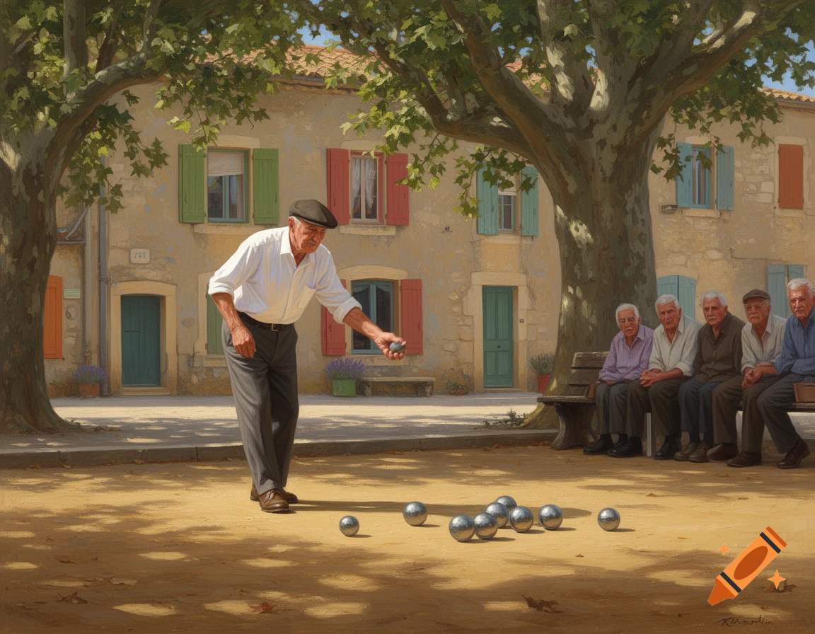 Elderly men playing petanque on dusty ground in a sunny European village square, depicted in a painterly style.