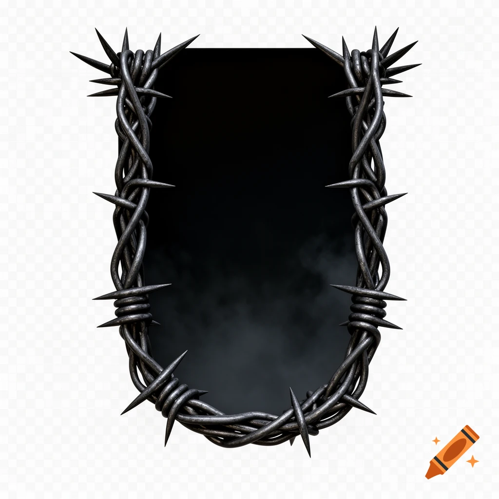 A bold, dark letter U formed from intertwined barbed wire with sharp spikes, framing a smoky black void on a transparent background.