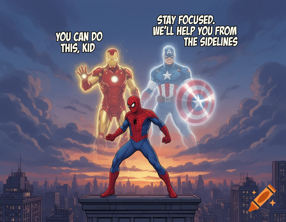 Spider-Man on a city rooftop, with glowing, translucent Iron Man and Captain America behind him, in comic art. Text reads 'You can do this, kid' and 'Stay focused. We'll help you from the sidelines'.