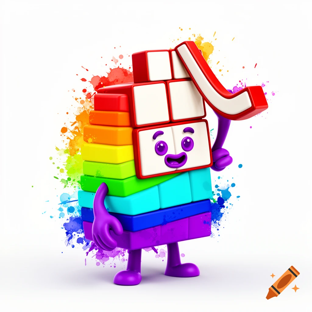 Colorful Numberblock 17 character, made of red, white, and rainbow blocks, with purple limbs and face, against a white background with paint splatters.