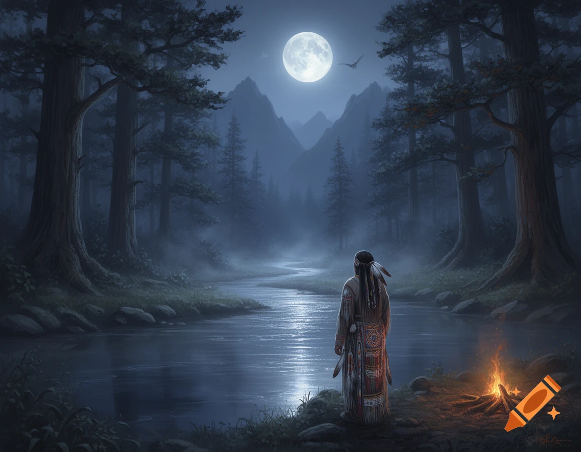 A figure in traditional attire stands by a river under a bright full moon in a mystical forest with a campfire.