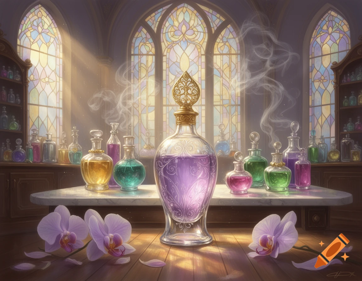 Ornate perfume or potion bottles on a marble table with orchids, sunlit through stained-glass windows in a magical-looking room.